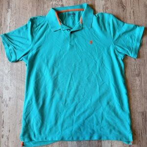 Vintage Y2K IZOD Men's Aqua Polo Golf Shirt with Orange Accents